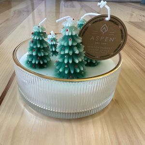 ASPEN | NWT Christmas holiday tree three wick candle new gold MCM scented glass